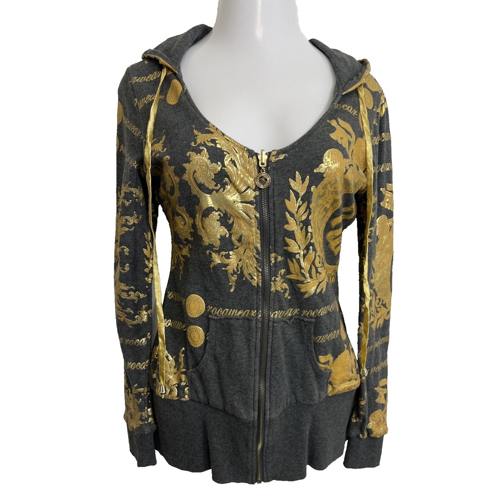 Y2K Rocawear Gold Metallic Reversible Hoodie Women's Size L Cotton Gray VTG